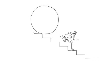 Poster - Animated self drawing of single continuous line drawing Arabian businesswoman running down stairs avoiding big ball. Attacked by business friend. Cheating. Betray. Full length single line animation