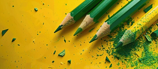 Poster - Close up of green pencils and shavings on a yellow background with copy space image