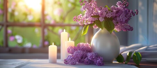 Poster - Home decor featuring a vase with lovely lilac blooms candles on a table and a copy space image available
