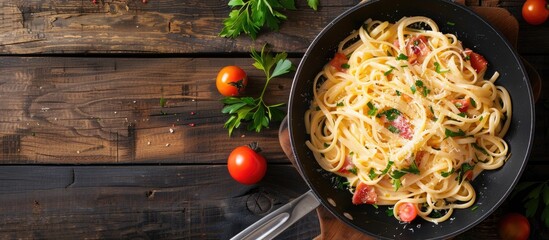 Poster - Wooden background featuring a scrumptious pasta carbonara in a frying pan with ample space for further imagery