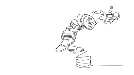 Poster - Animated self drawing of one line drawing astronaut pull one of a piles of coins who made the person on top fall. Business fraud. Misappropriation of office money. Full length single line animation