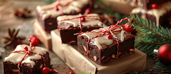 Poster - Christmas hampers filled with sliced brownies adorned with icing decoration perfect for gifts and festive occasions with copy space image
