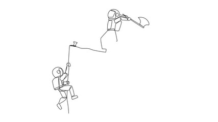 Poster - Self drawing animation of single continuous line drawing the young astronaut climbs cliff with rope. Almost successful. Rudely dropped by a business friend. The worst teamwork. Full length animated