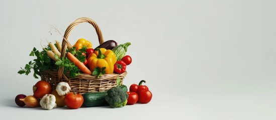 Poster - Basket filled with a variety of fresh vegetables creating a vibrant display against a white background perfect for a copy space image