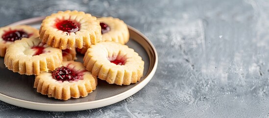 Poster - Plate with Kurabye shortbread cookies filled with berry jam on a gray concrete backdrop with ample copy space image Delightful dessert presentation