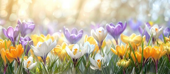 Poster - Crocuses blooming in the garden a banner featuring yellow white violet and purple spring flowers with space for text creating a versatile image for cards posters or backgrounds. Creative banner