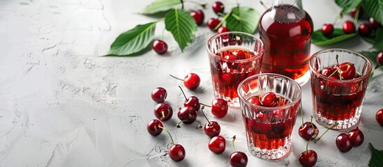 Canvas Print - Cherry liqueur in glasses and a bottle with fresh berries on a light grey table ready for a caption with copy space image