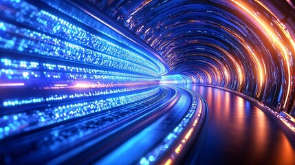 Poster - A vibrant tunnel of light showcasing dynamic blue and orange neon glows, ideal for futuristic or technology-themed visuals.