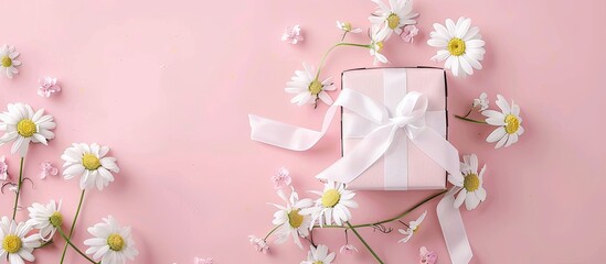 Poster - Top view of a gift box with a white ribbon adorned with Chamomile flowers against a pink pastel background ideal for occasions like Mother s Day Woman s Day or birthdays with space for custom images