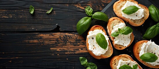 Aufkleber - A black wooden table adorned with slices of bread topped with cream cheese and basil offering a vacant area for text in the composition. Creative banner. Copyspace image