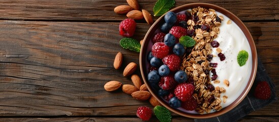 Aufkleber - Top view of a delicious bowl with granola berries almonds and yogurt on a wooden table leaving room for a text overlay on the copy space image