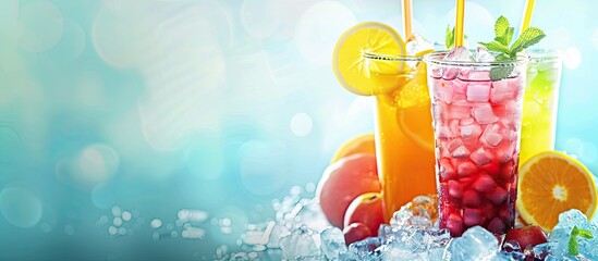 Poster - Refreshing chilled beverages like icy cold drinks and fresh juicy juices perfect for hot summer days with copy space image