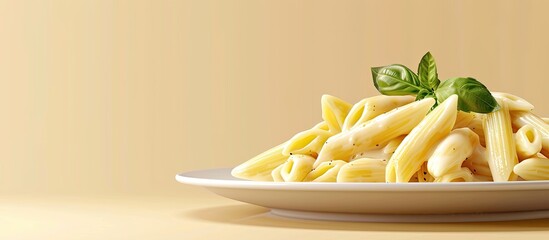 Poster - Side view of a plate with Boursin pasta homemade and baked with copy space image