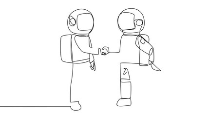 Poster - animated self drawing of single continuous line drawing two astronauts shaking hands. one of them ho