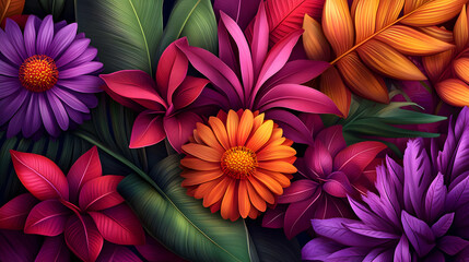 Wall Mural - Vibrant Tropical Flowers and Leaves in Vivid Colors