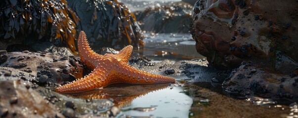 Wall Mural - Charming starfish clinging to tidal rock pool, 4K hyperrealistic photo