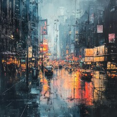 Poster - A rainy cityscape with a blurred background. The city lights reflect off the wet pavement creating a colorful pattern.