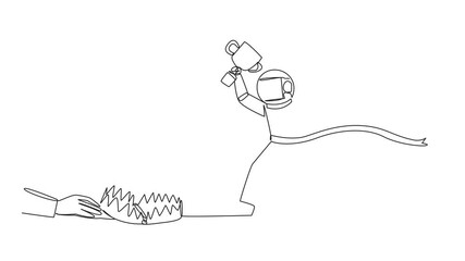 Poster - Animation of continuous one line drawing astronaut running with trophy. Dangerous business trap. A trap that really brings down a business. Fake friend. Traitor. Rival. Full length motion