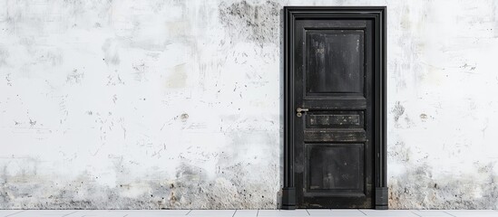 Rustic black wooden door set in a white wall inside a hotel room offering copy space image