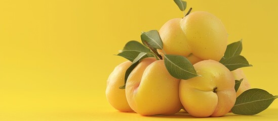 Poster - Ripe quinces with leaves on a yellow backdrop in a copy space image