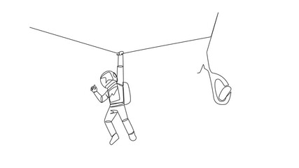 Poster - animation of single line drawing the astronaut hanging from rope. a big hand that want to cut the ro
