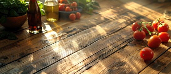 Wooden table displays balsamic vinegar tomatoes and various items with room for text in copy space image