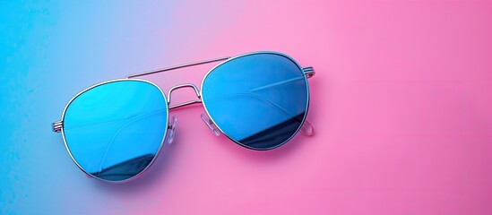 Blue sunglasses on a background in blue and pink hues with copy space image