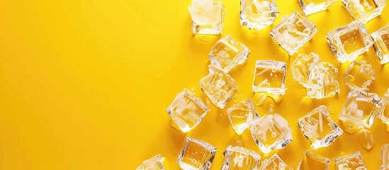 Poster - Yellow backdrop featuring transparent ice cubes perfect for text placement in a flat lay copy space image