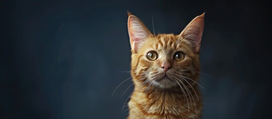 Poster - A ginger cat with vibrant orange fur sits against a dark background making eye contact with the camera a perfect close up shot for pet themed products or advertising ideal for copy space image