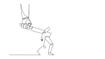 Poster - animation of a single one line drawing robotic stabbed in the back by a large knife. cheated to ruin