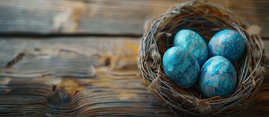 Aufkleber - Modern classic blue Easter eggs in a nest on a wooden table creating a festive Easter decoration with a spacious area for text or images. Creative banner. Copyspace image