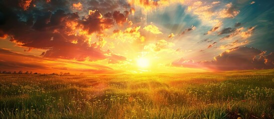 Aufkleber - Vivid natural sunset over meadow with dramatic sky in the countryside featuring a panorama landscape with copy space image