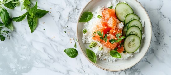 Aufkleber - Salmon and rice with cucumbers set against a white marble backdrop captured from above in a copy space image