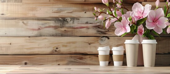 Poster - Coffee cups pink flowers paper napkin and wooden background in a horizontal arrangement with copy space image