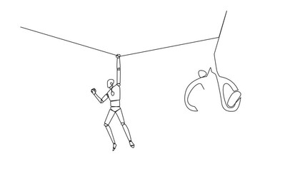 Wall Mural - Animated self drawing of continuous one line drawing the robot hanging from rope. A big hand that want to cut the rope. Maintaining a nearly useless business. Full length single line animation