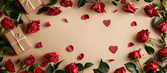 Leinwandbilder - A top view flat lay arrangement with a frame of vibrant red roses a gift box and a heart on a beige background creating a display with ample copy space for customization