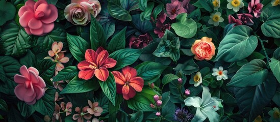 Aufkleber - Beautiful flowers in various styles displayed in an attractive manner in a lush garden setting with vibrant green leaves and a captivating aesthetic perfect for a copy space image