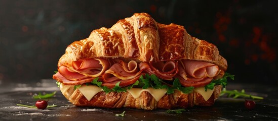 Poster - A croissant club sandwich featuring savory ham and cheese layers displayed on a black backdrop showcasing a copy space image