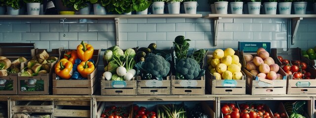 Wall Mural - Fresh vegetables displayed in wooden crates in a rustic market setting