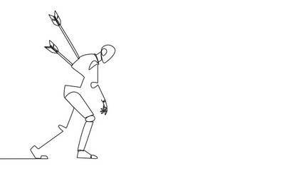 Poster - animated self drawing of single one line drawing smart robot standing and several arrows stuck in th