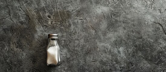 Poster - Top down view of a salt shaker placed on a textured grey surface with copy space image available for adding text