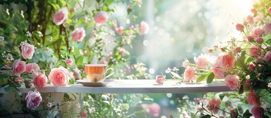Aufkleber - Summer garden scene with herbal tea on white table and blooming pink roses perfect for a copy space image