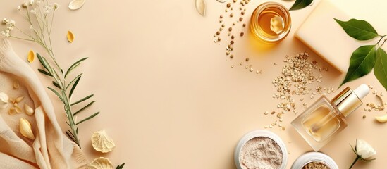 Aufkleber - Aesthetic display of natural cosmetics and ingredients on a beige backdrop with copy space image