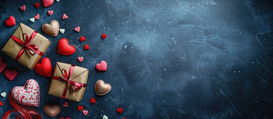 Leinwandbilder - Top down view of a Valentine s Day arrangement featuring sweet candy gift boxes tied with bows red felt hearts on a photo template background with an area for additional content called copy space ima