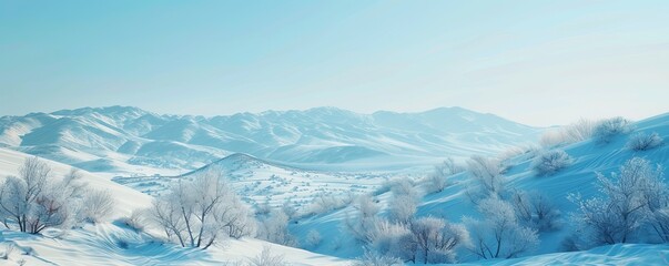 Sticker - Snow-covered hills with a clear winter sky, 4K hyperrealistic photo