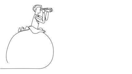 Poster - self drawing animation of single one line drawing businessman emerges from the money bag looking for