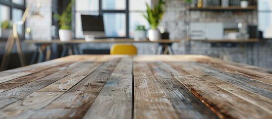 Poster - Ideal for promoting contemporary office items a wooden desk surface contrasts with a blurry office backdrop providing a great copy space image