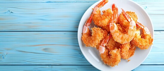 Poster - Top view of delectable fried breaded shrimps on a light blue wooden table with available copy space image