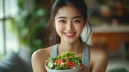 Wall Mural - Happy Young woman eating Salted salmon salad with fresh green lettuce,smoked salmon,tomato,Ketogenic,diet lunch bowl,enjoy eat clean vegetables after exercise,Healthy food concept,sport girl.