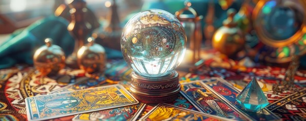 Mystical collage with tarot cards, crystal balls, and mystical symbols, 4K hyperrealistic photo